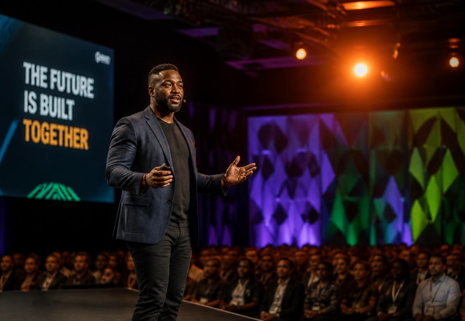 Keynote speaker addressing a packed conference audience